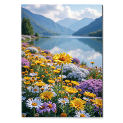 Vertical floral poster with yellow, white, and purple flowers by a mountain lake wall art.