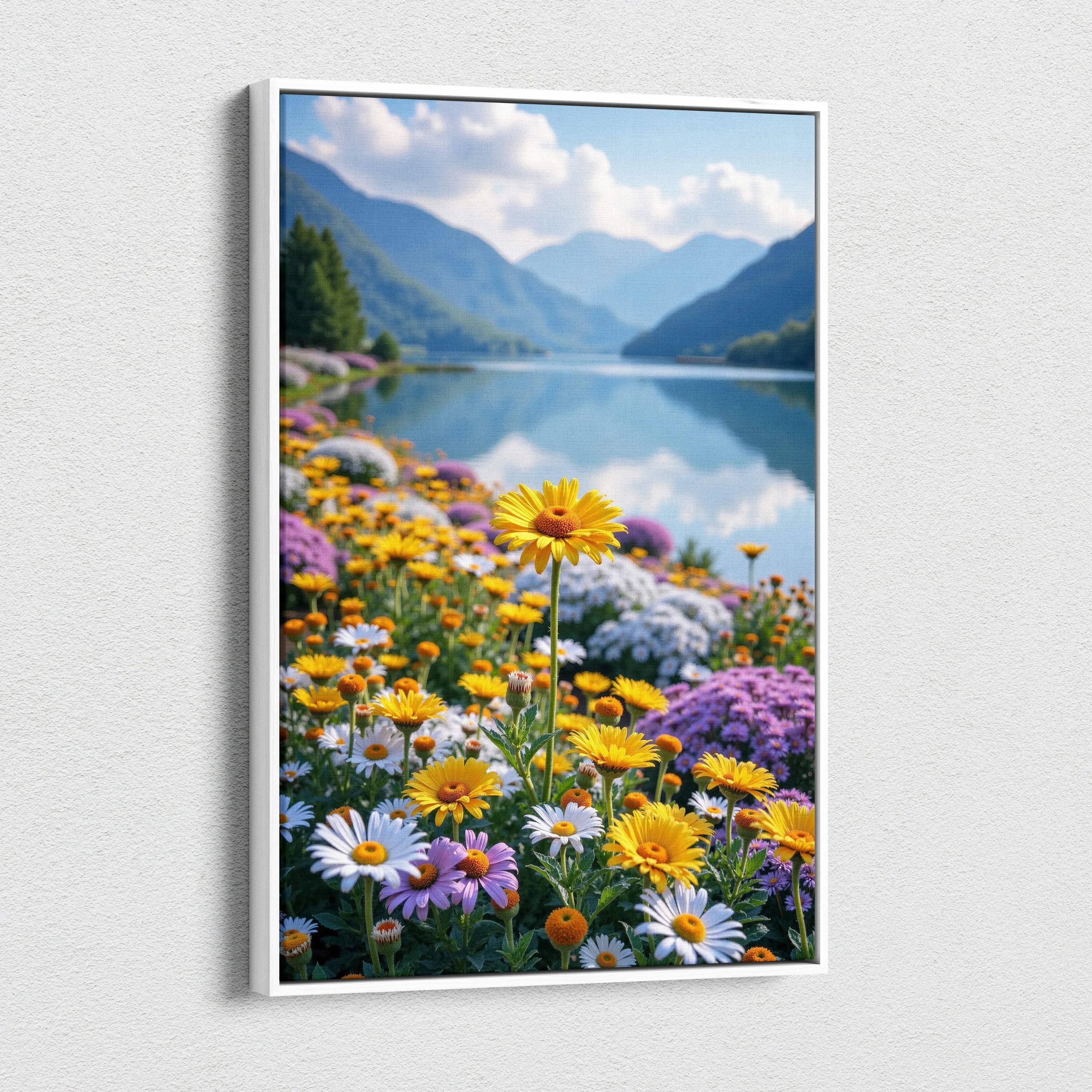 Canvas wall art featuring vibrant wildflowers with mountains and a lake in the background.