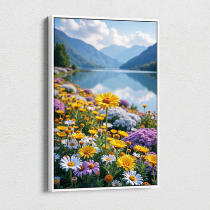 Canvas wall art featuring vibrant wildflowers with mountains and a lake in the background.