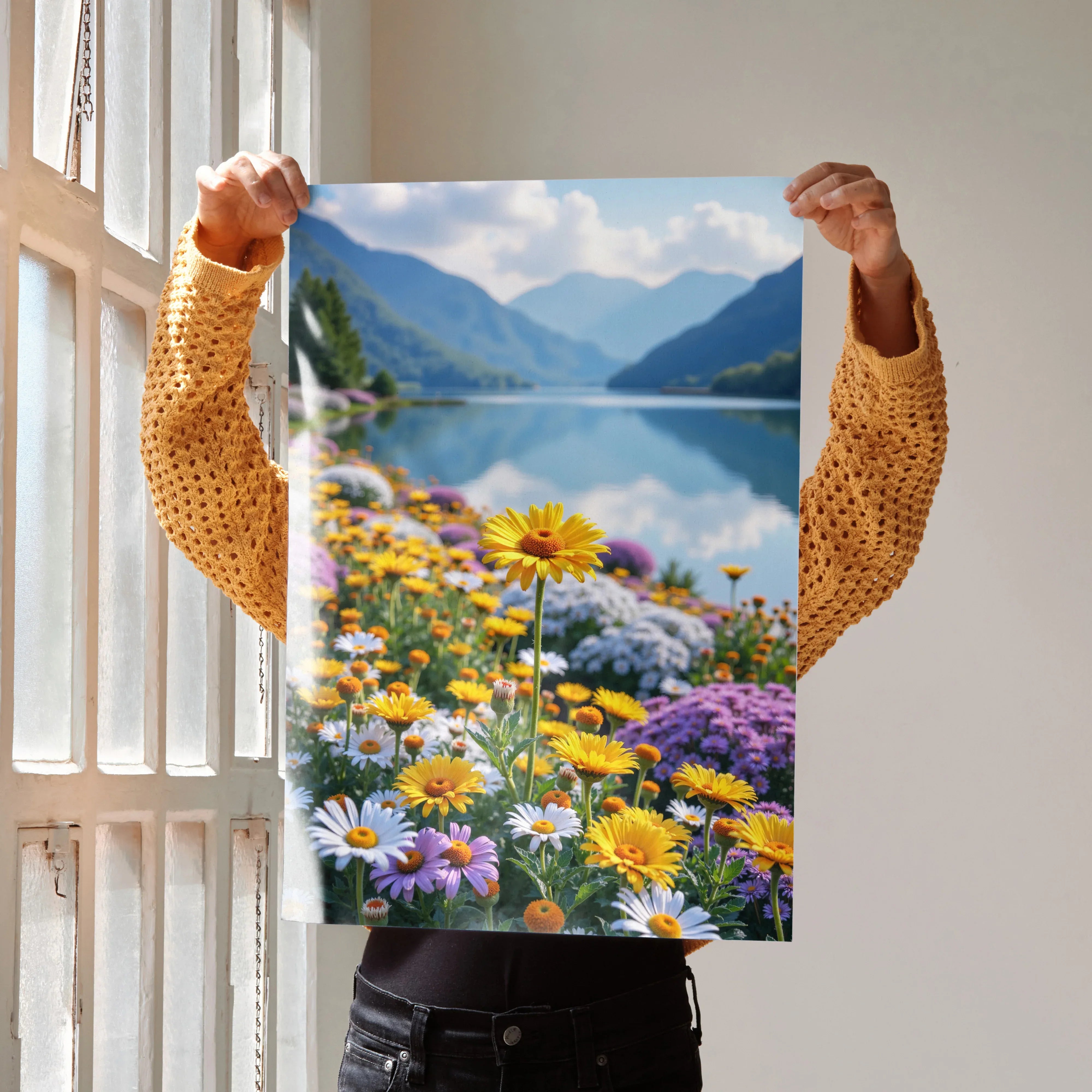 Vibrant floral poster with colorful daisies and purple flowers by a serene mountain lake wall art.