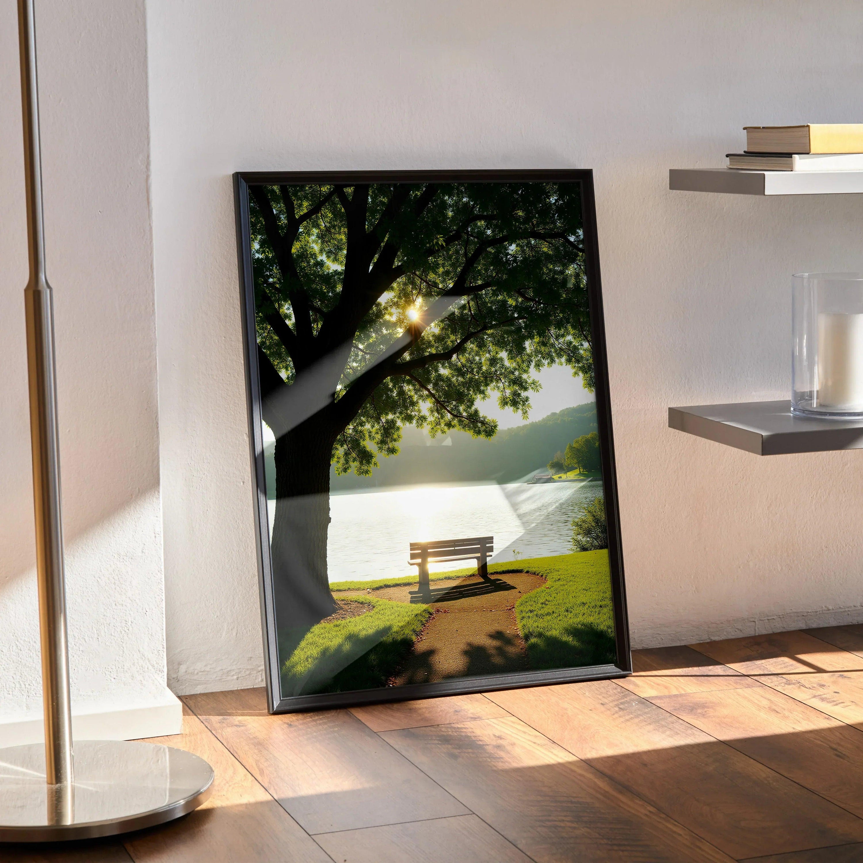 Vibrant nature digital art poster with sunlit tree, bench, and lakeside view wall art.