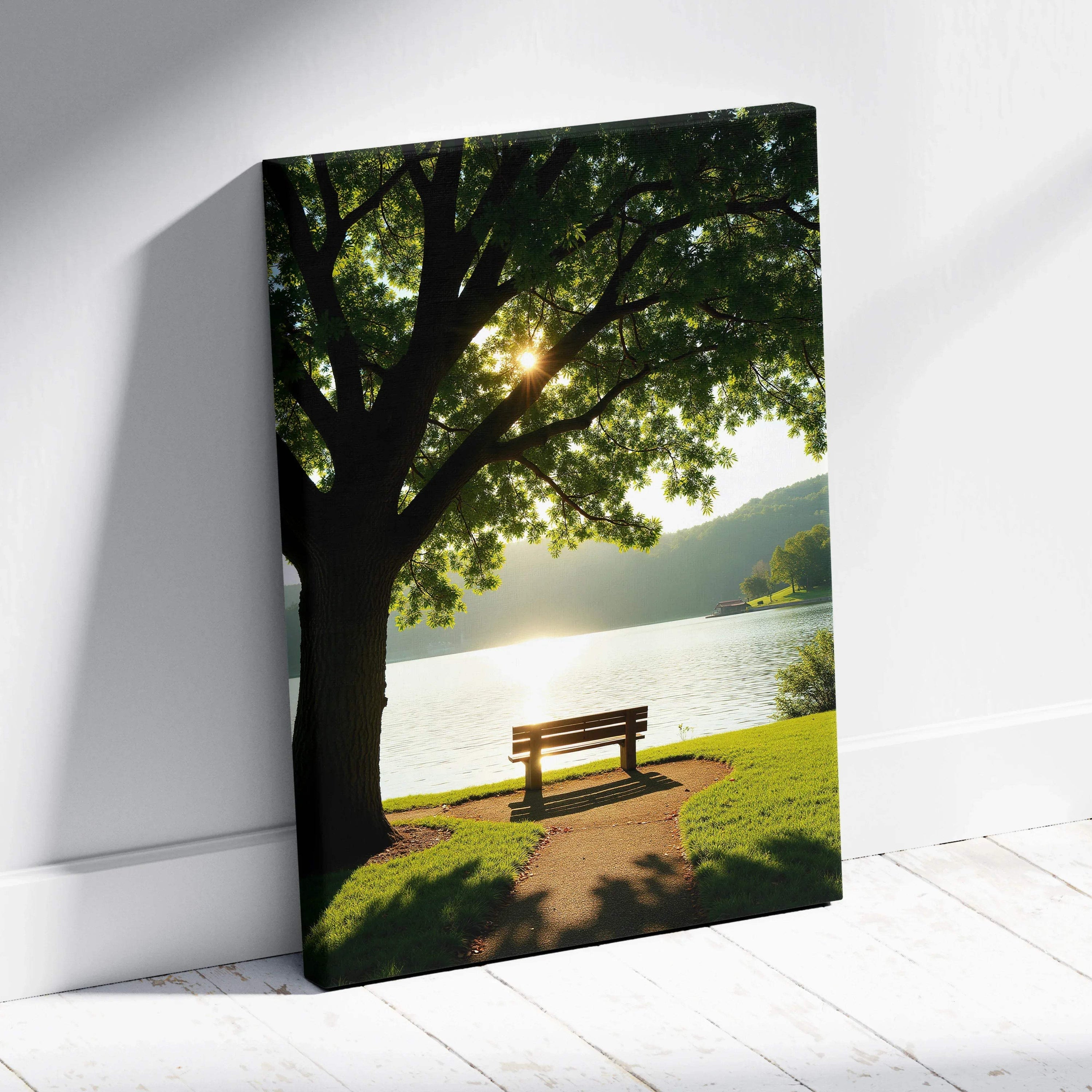 Canvas wall art featuring a lakeside bench under a large tree with sunlight filtering through leaves.