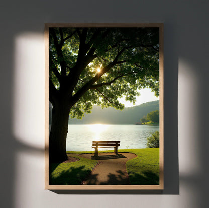 Vertical wall art poster showing a sunlit bench by a lake under a leafy tree at sunset.