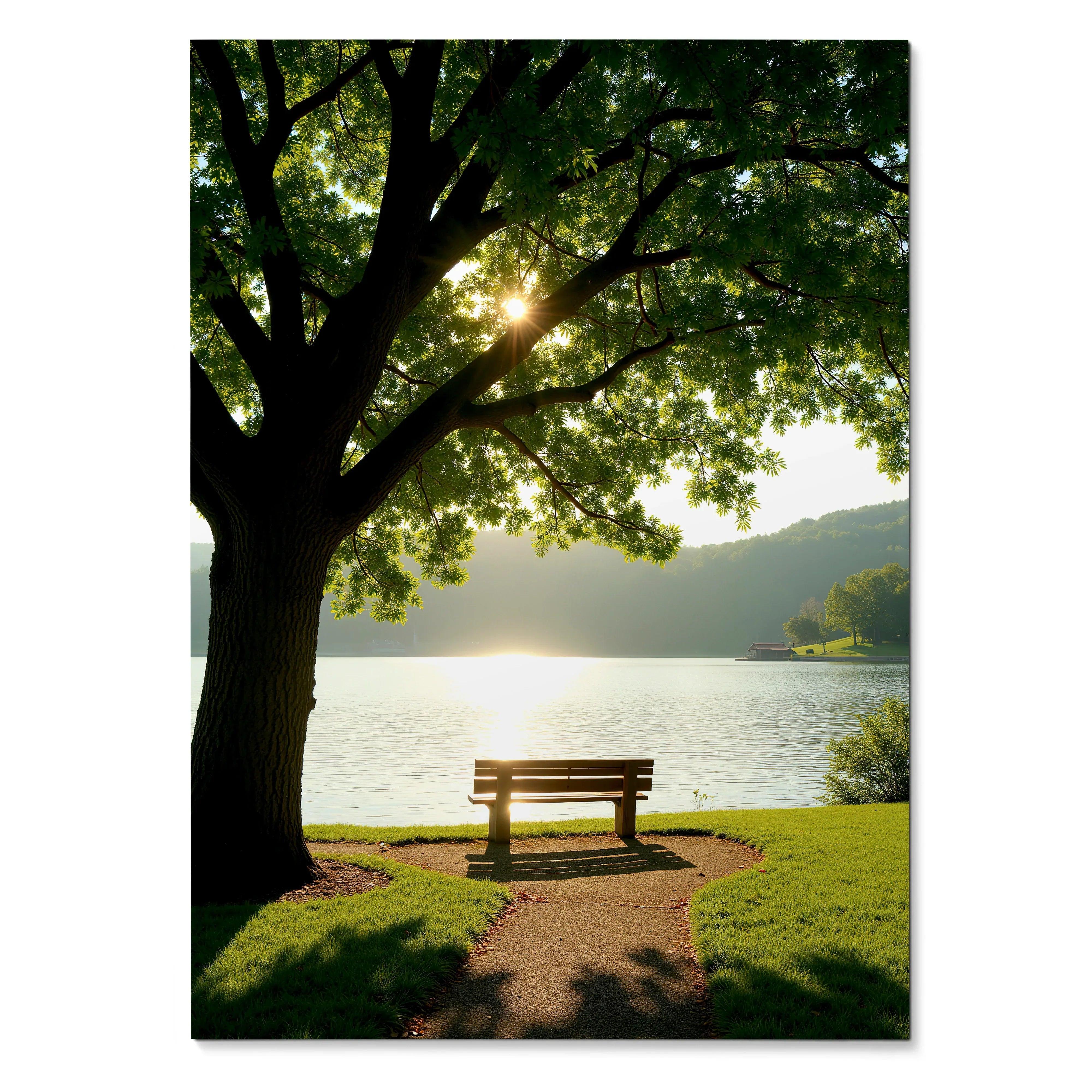 Vertical nature wall art poster featuring a sunlit tree beside a lakeside bench.