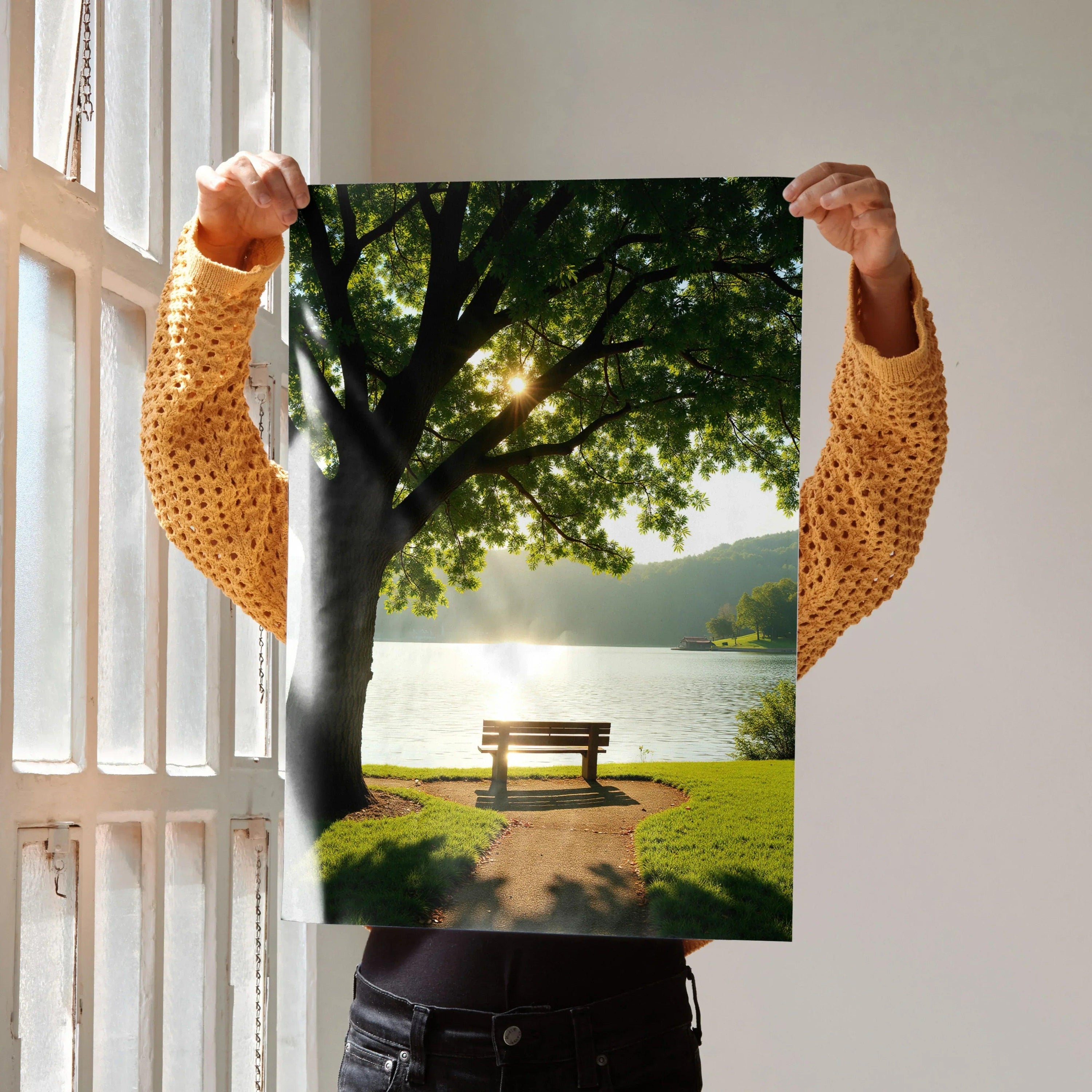 Vertical wall art poster featuring vibrant digital nature scene with large tree and lake view.