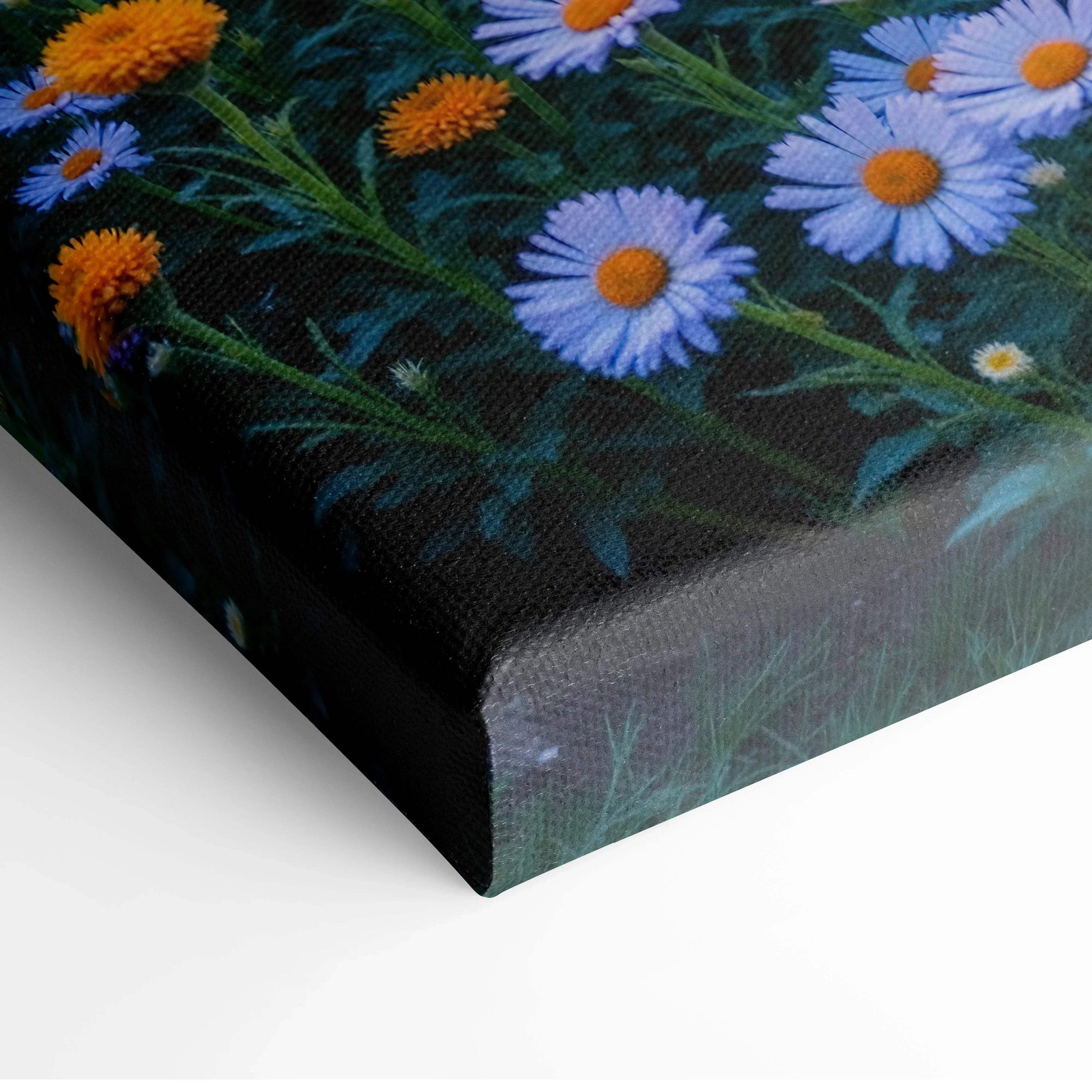 Close-up of floral sunset mountain landscape canvas wall art showing detailed daisies and orange flowers on textured canvas.