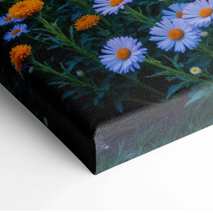 Close-up of floral sunset mountain landscape canvas wall art showing detailed daisies and orange flowers on textured canvas.