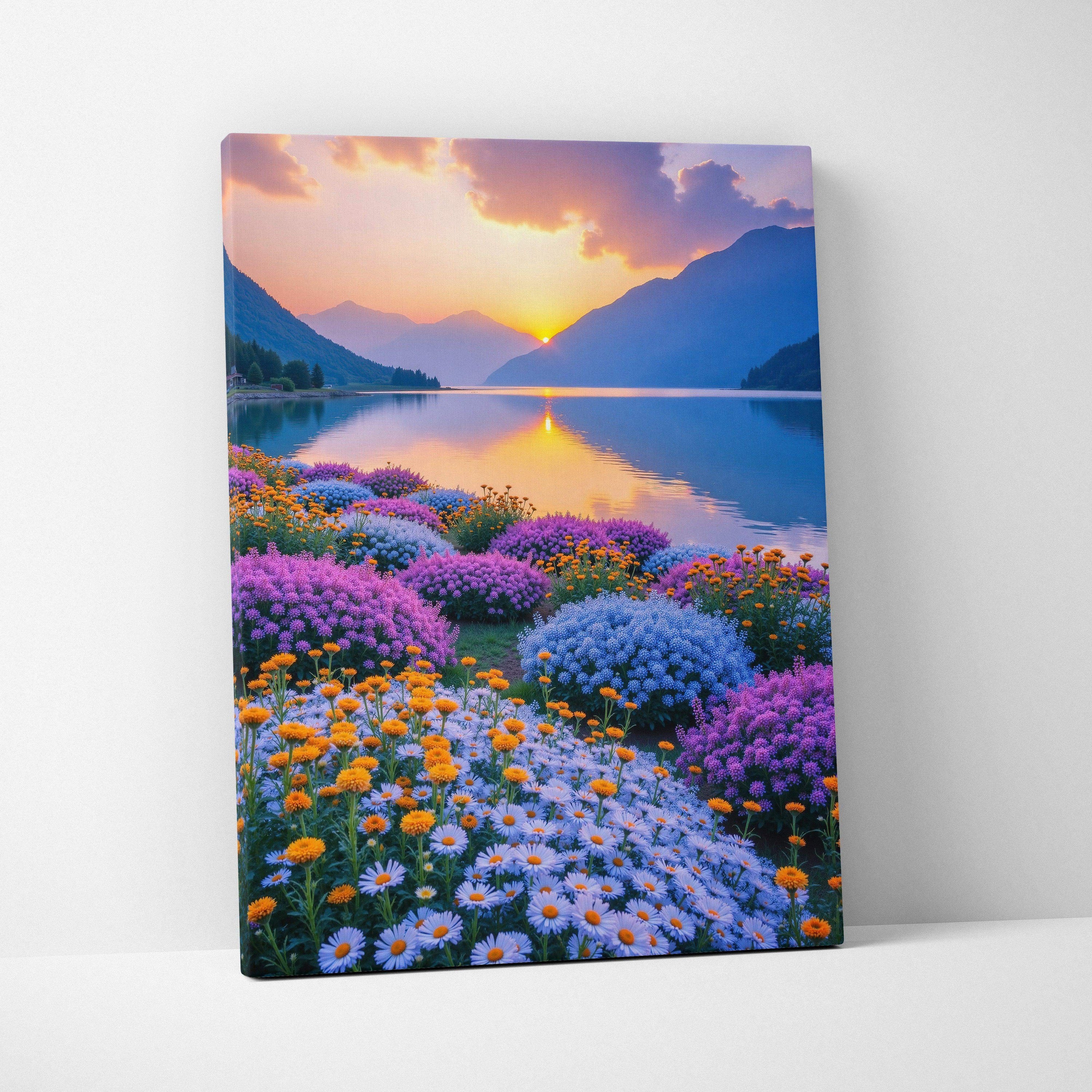 Floral sunset mountain landscape with vibrant wildflowers reflected in calm lake on canvas wall art.
