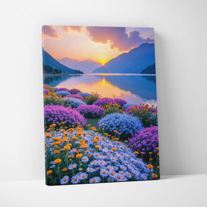 Floral sunset mountain landscape with vibrant wildflowers reflected in calm lake on canvas wall art.