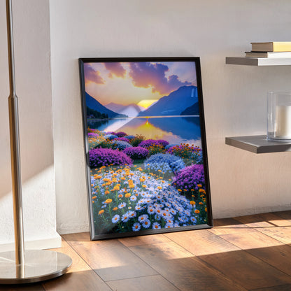 Vibrant floral sunset poster with daisies and purple flowers by a lake, framed wall art.