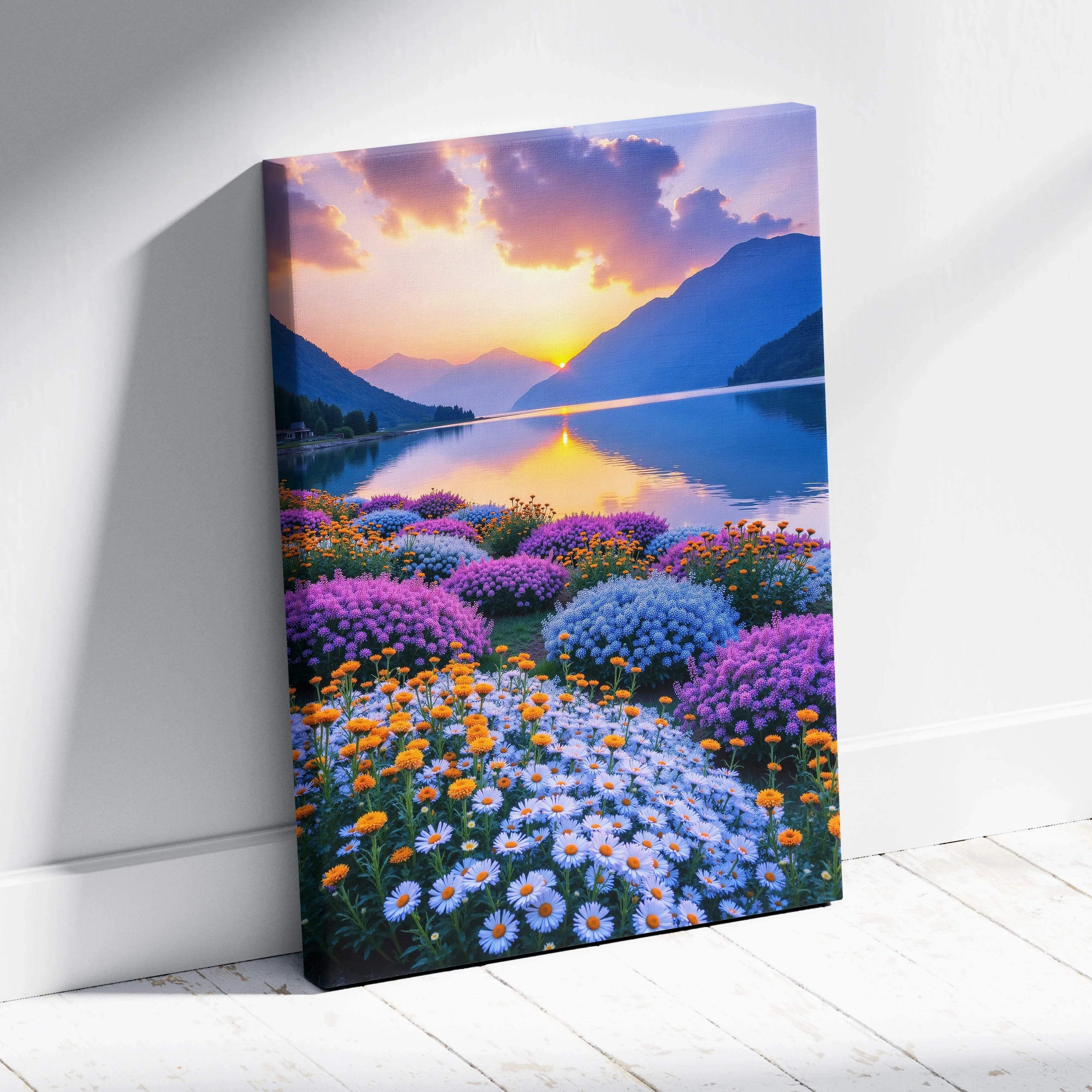 Canvas wall art featuring vibrant floral meadow with purple and white flowers by a reflective lake at sunset in a mountain.