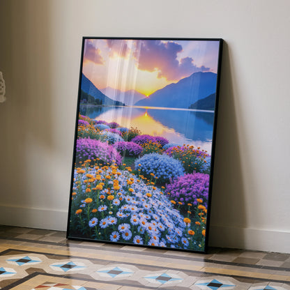 Vibrant floral sunset poster featuring colorful wildflowers and a serene mountain lake, vertical wall art.