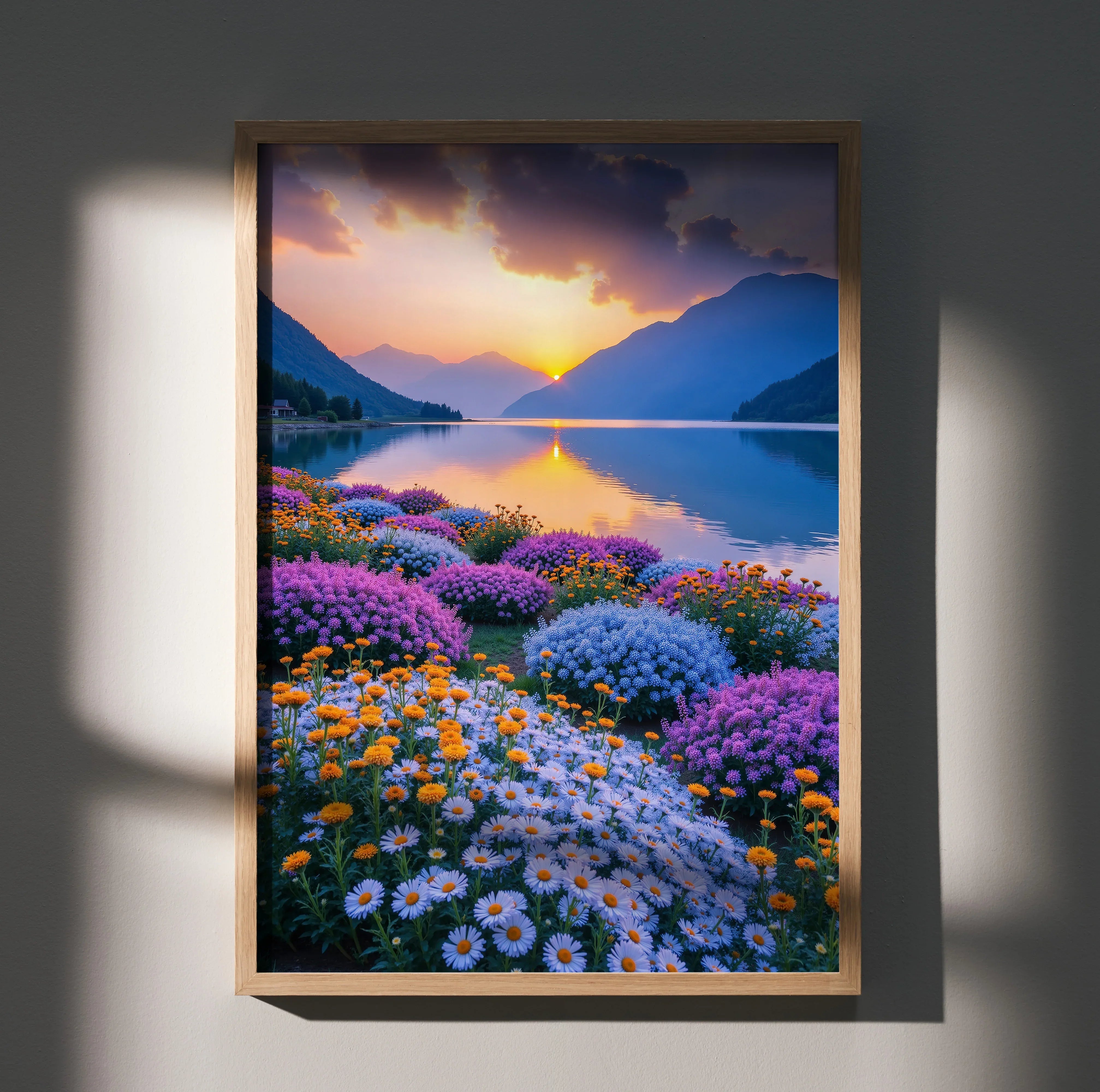 Vibrant floral sunset digital art poster with colorful flowers and mountain lake wall art.