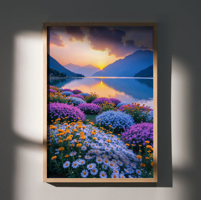 Vibrant floral sunset digital art poster with colorful flowers and mountain lake wall art.