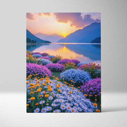 Floral sunset mountain landscape canvas wall art with vibrant purple, orange, and white flowers by a calm lake.