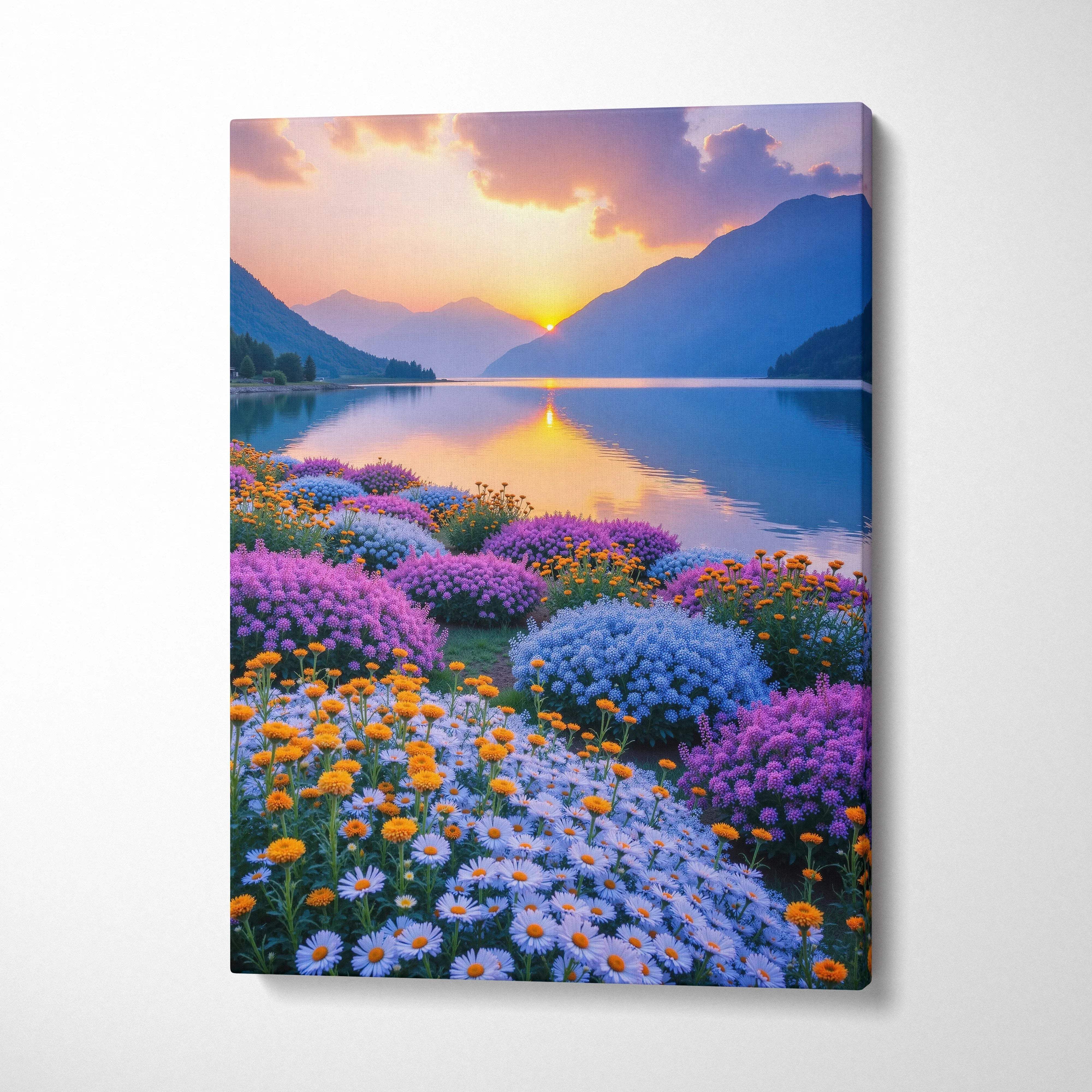Floral sunset mountain landscape canvas wall art with vibrant wildflowers by calm lake.