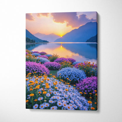 Floral sunset mountain landscape canvas wall art with vibrant wildflowers by calm lake.