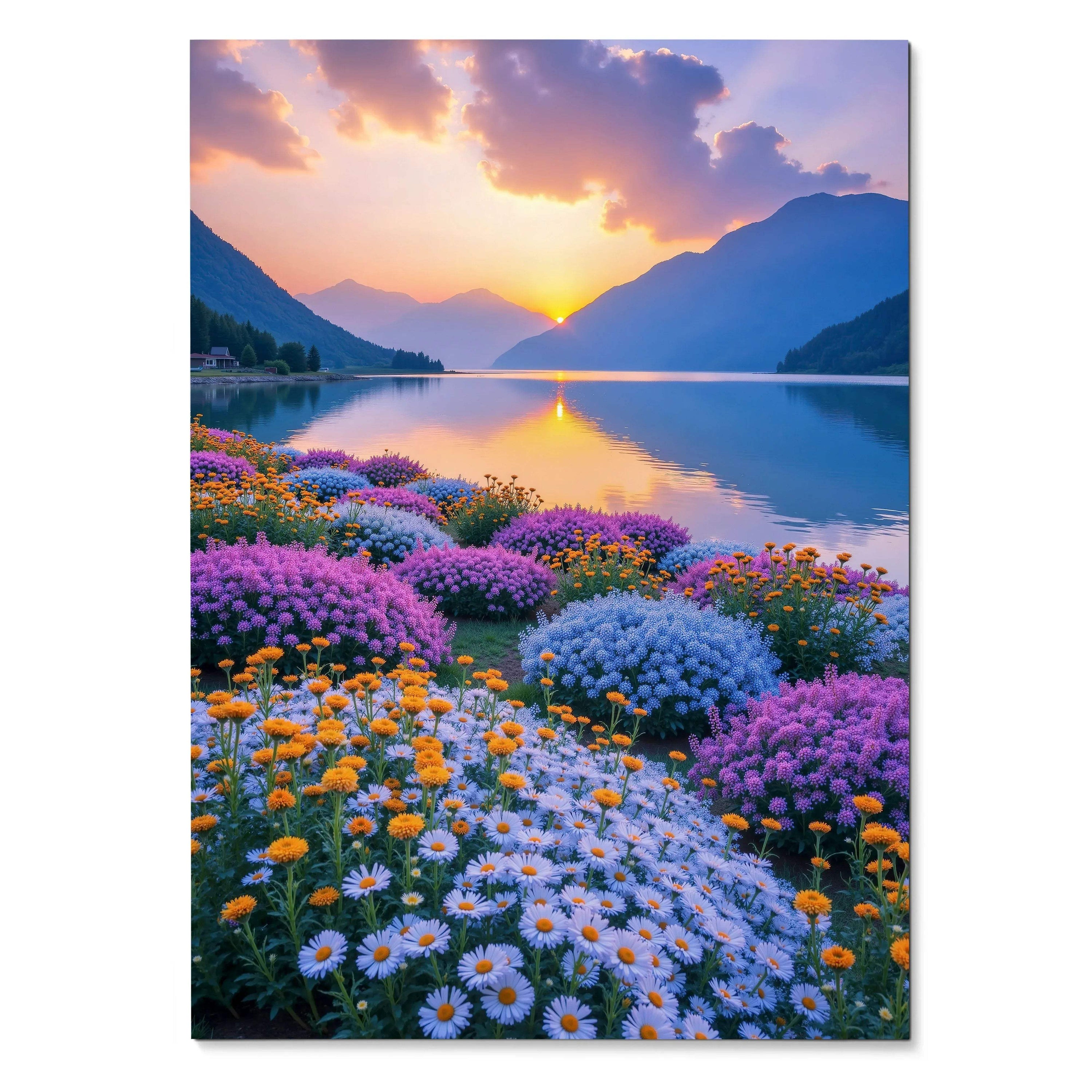 Vibrant floral sunset poster with colorful daisies and mountain lake reflected in calm water wall art.