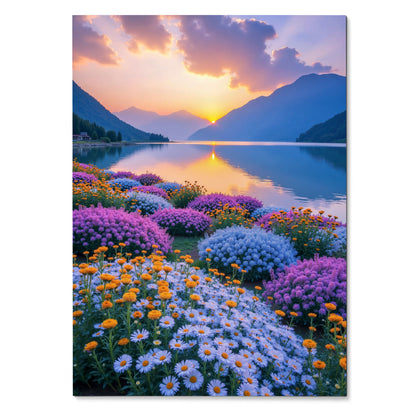 Vibrant floral sunset poster with colorful daisies and mountain lake reflected in calm water wall art.