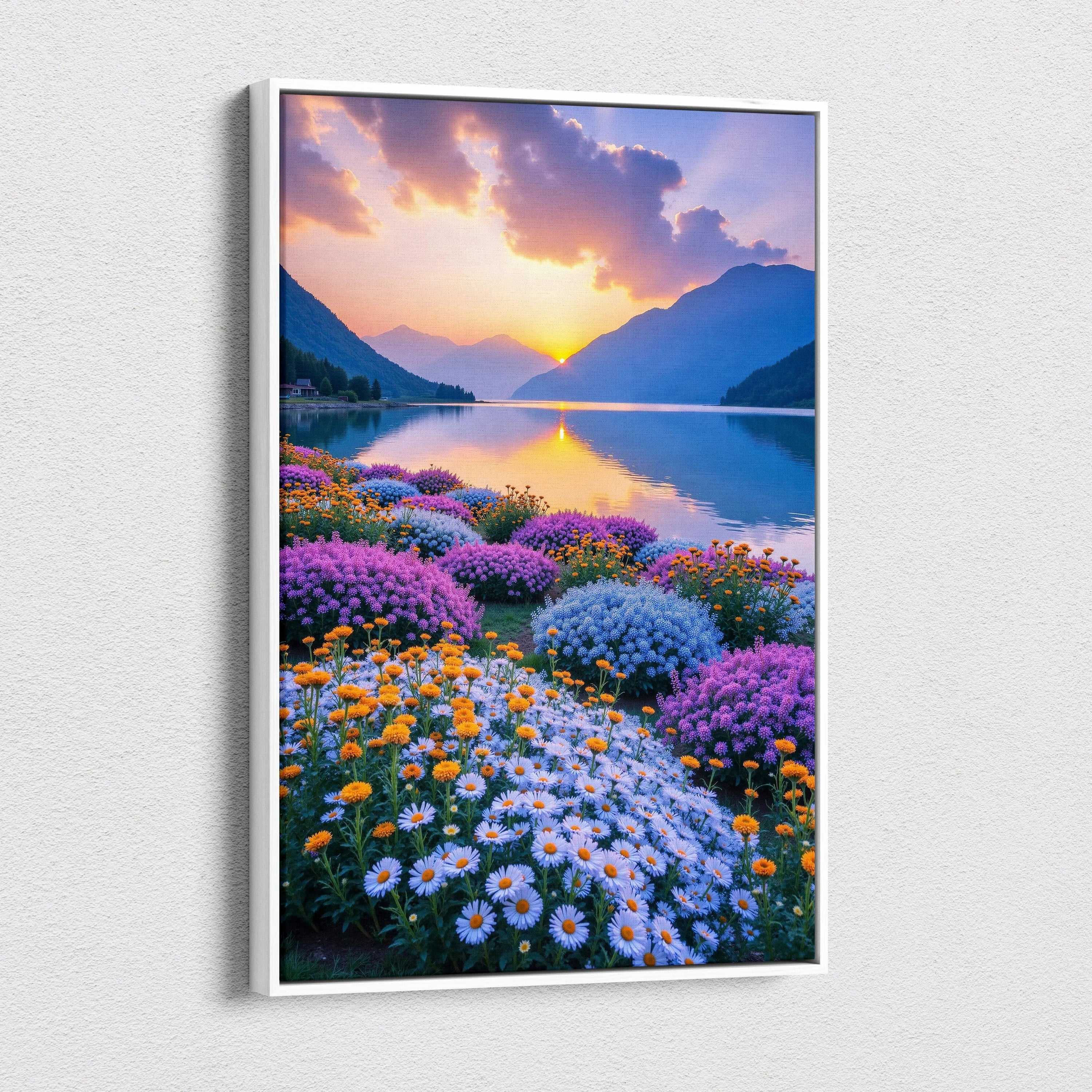 Floral sunset mountain landscape canvas wall art with purple and white flowers by a calm lake.