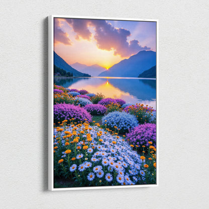 Floral sunset mountain landscape canvas wall art with purple and white flowers by a calm lake.