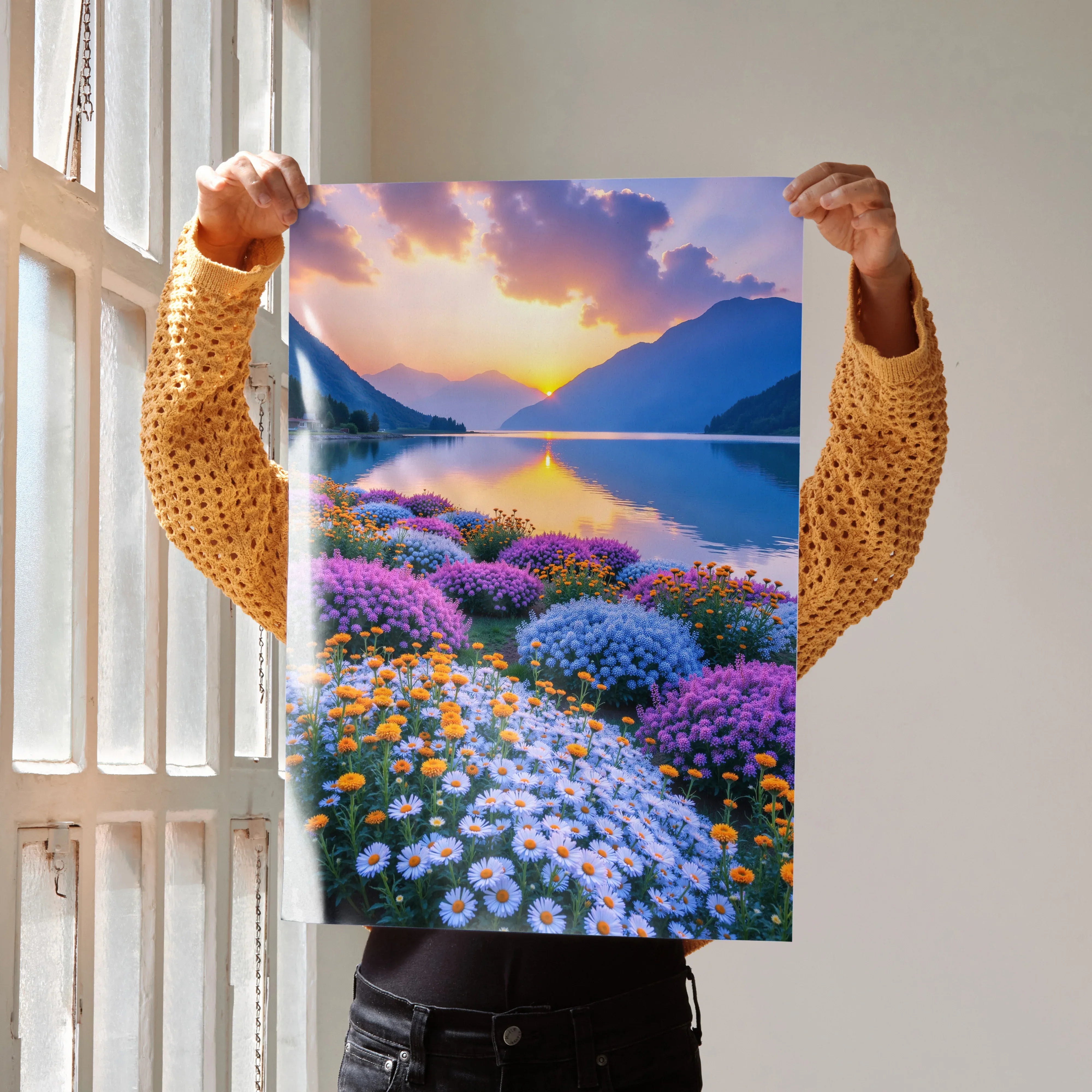 Vibrant floral sunset poster with purple and white flowers, mountain reflection, and colorful sky wall art.