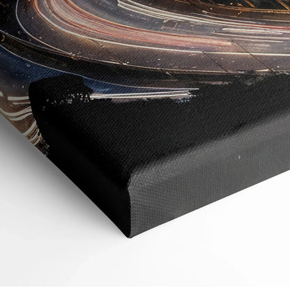 Close-up of city night sky canvas wall art corner with vibrant digital cityscape details and black edge wrap.
