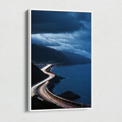 Vertical canvas wall art featuring a vibrant city night sky with winding coastal highway lights and dramatic clouds.