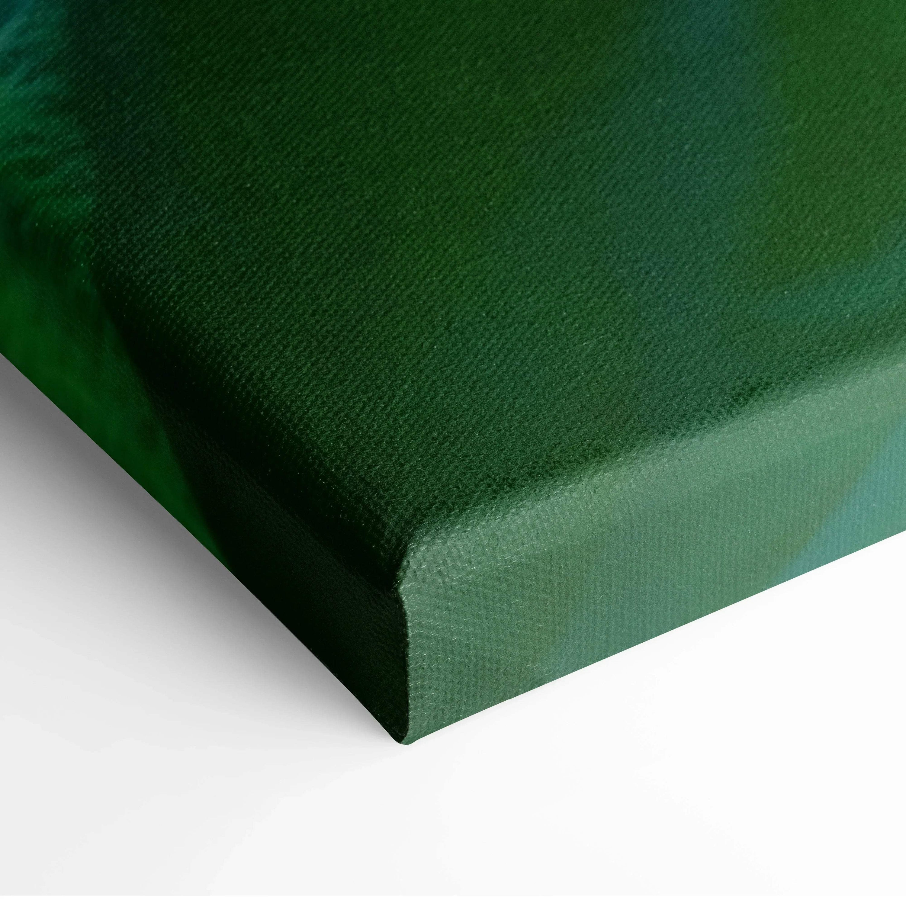 Green canvas wall art corner with textured fabric and wrapped edges.