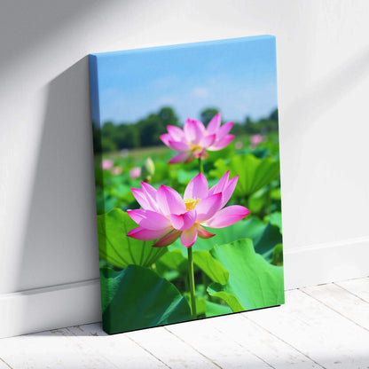 Vibrant pink lotus flowers with green leaves on blue sky canvas wall art print.