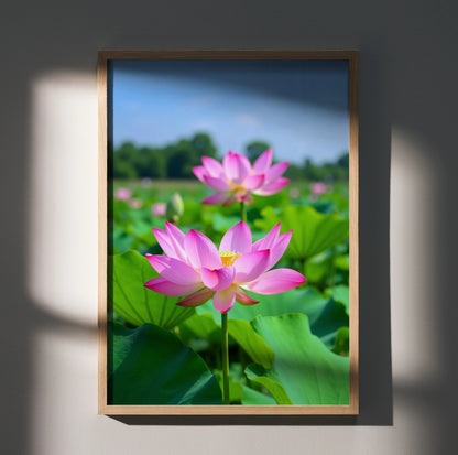 Vertical wall art poster featuring vibrant pink lotus flowers with green leaves against a blurred blue sky background.