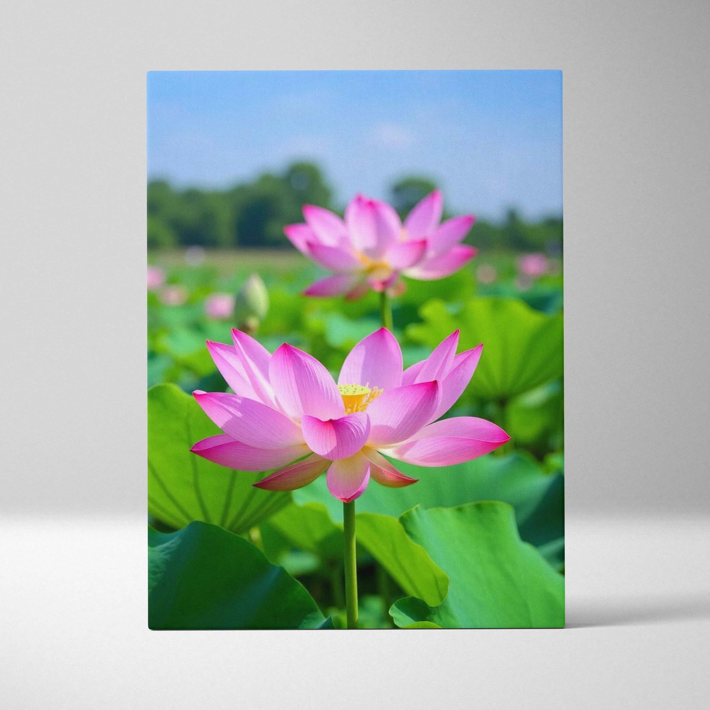Vibrant pink lotus flowers with green leaves on canvas wall art print.