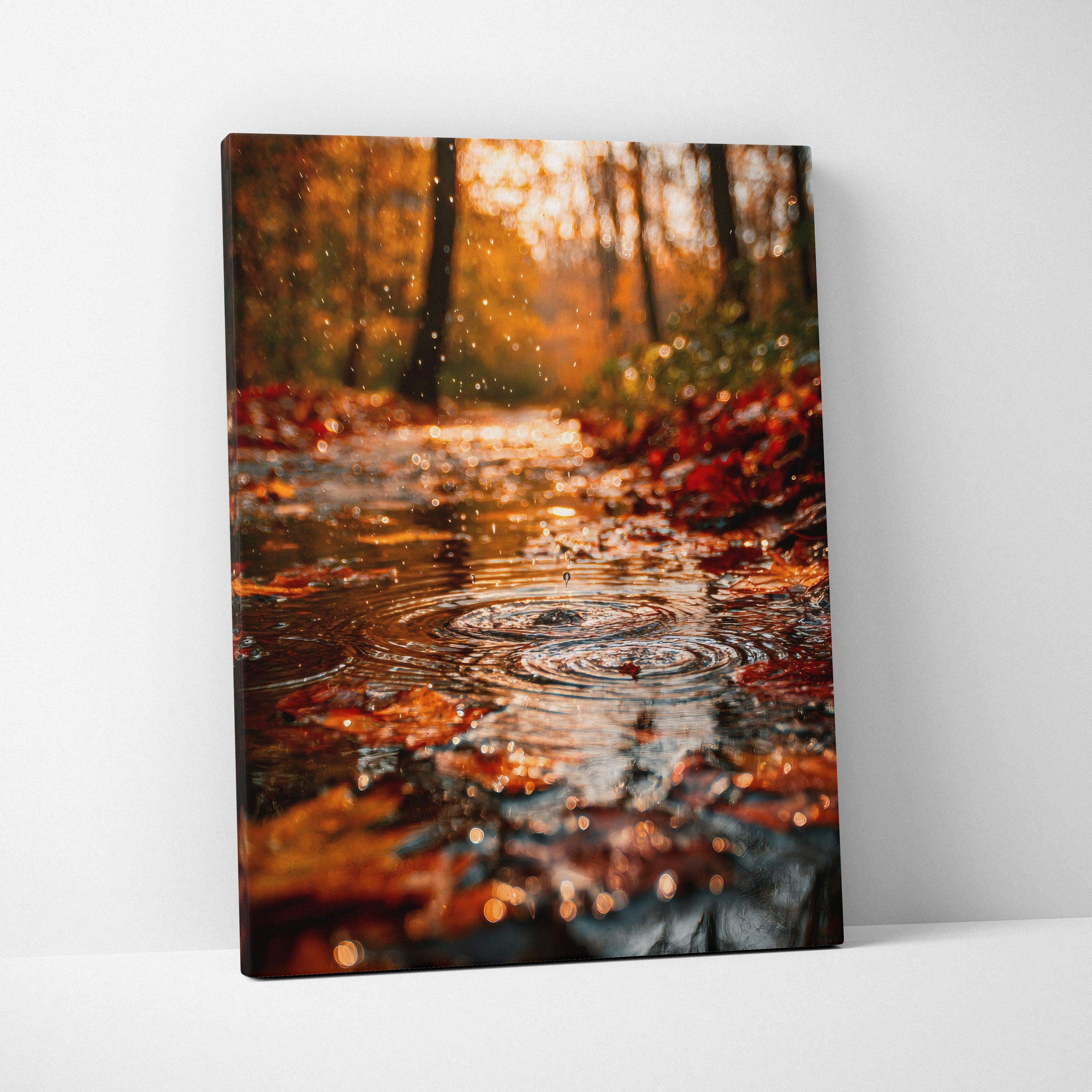 Autumn forest digital art on canvas featuring fallen leaves and reflective water, vertical wall art.