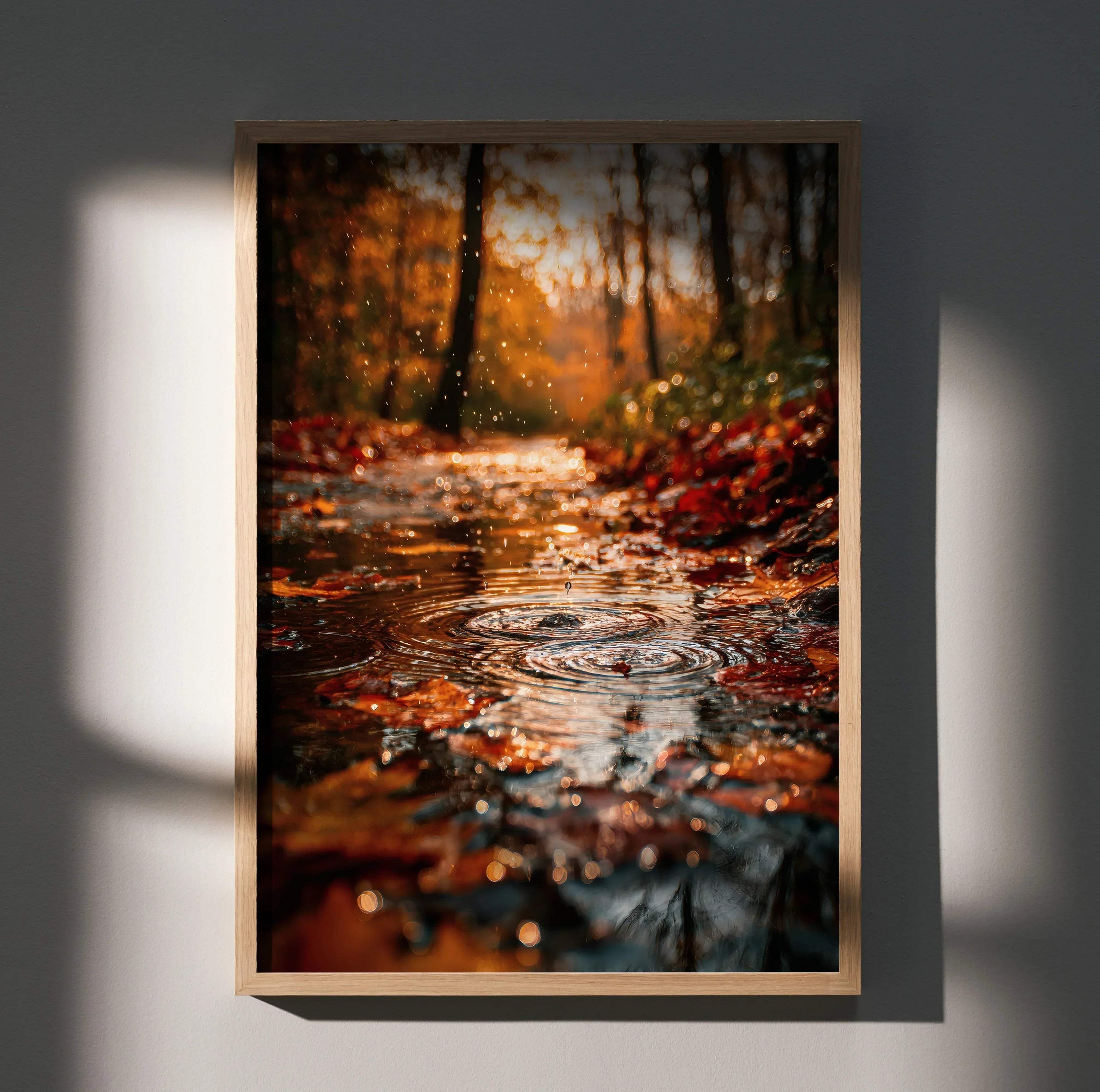 Autumn forest digital art poster with vibrant orange and red leaves, vertical wall art.