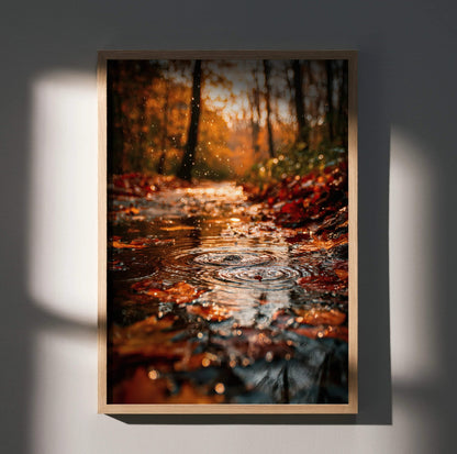 Autumn forest digital art poster with vibrant orange and red leaves, vertical wall art.