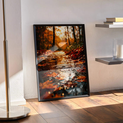 Autumn forest scene digital art poster with warm orange leaves and reflective water, vertical wall art.