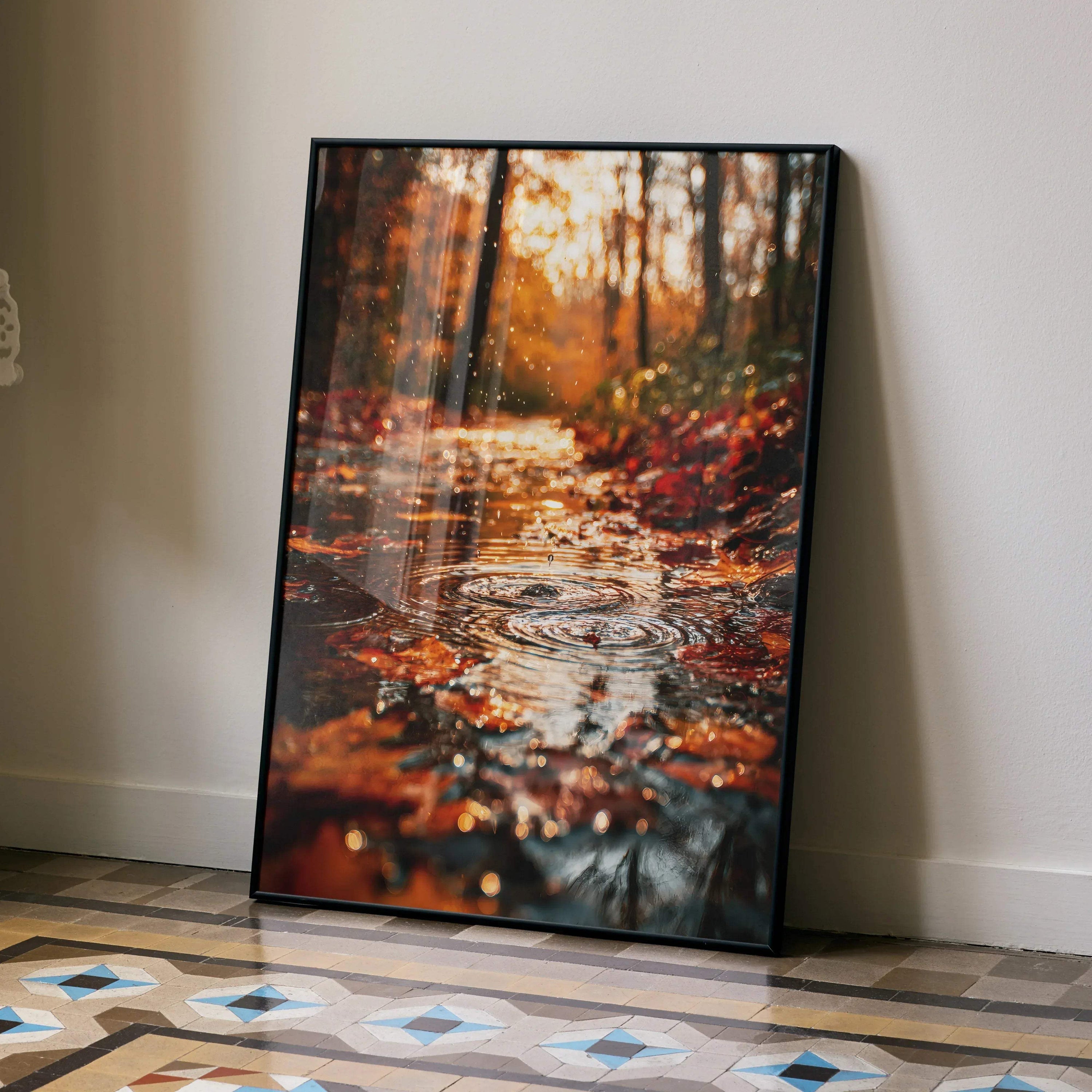 Autumn forest digital art poster with vibrant orange leaves and reflective water, vertical wall art.