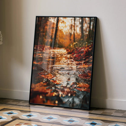 Autumn forest digital art poster with vibrant orange leaves and reflective water, vertical wall art.