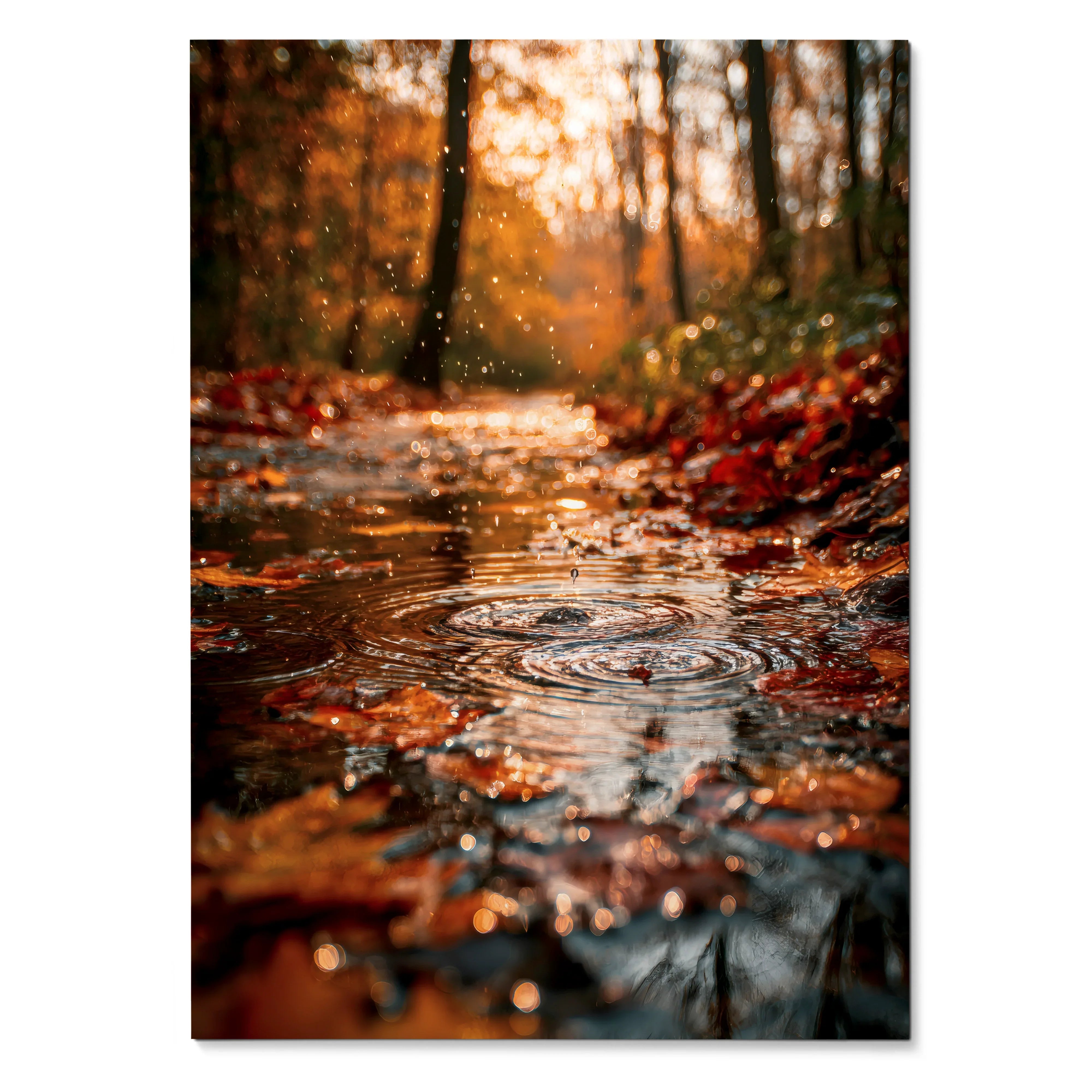 Vertical autumn forest digital art poster with fallen leaves and rippling water wall art.