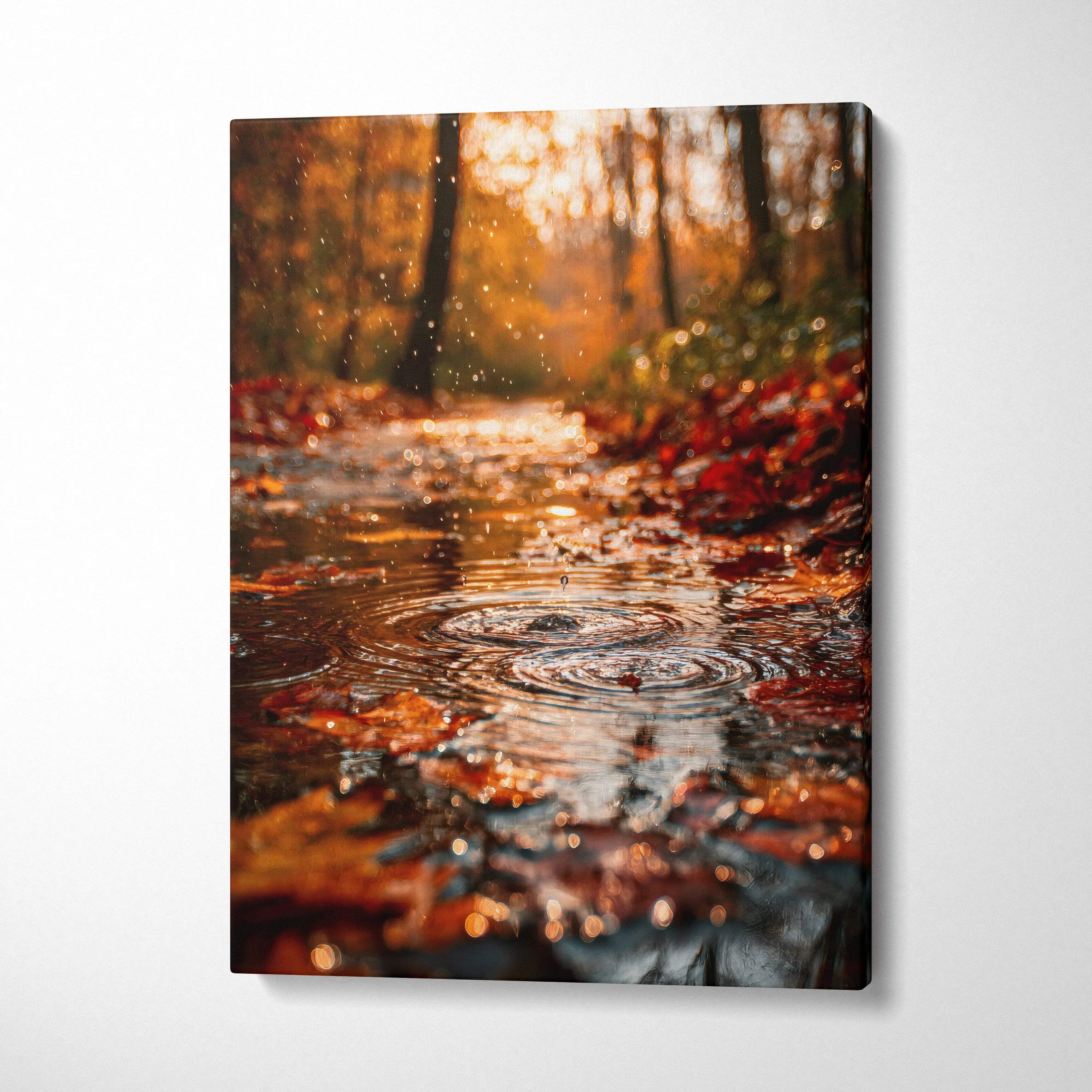 Autumn forest digital art canvas with vibrant orange leaves and rain ripples on water wall art.