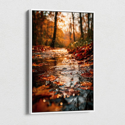 Vertical canvas wall art featuring a vibrant autumn forest scene with fallen leaves and a reflective water puddle.