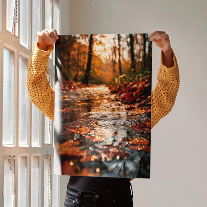 Autumn forest digital art poster showing wet leaves and reflective stream, warm orange tones wall art.