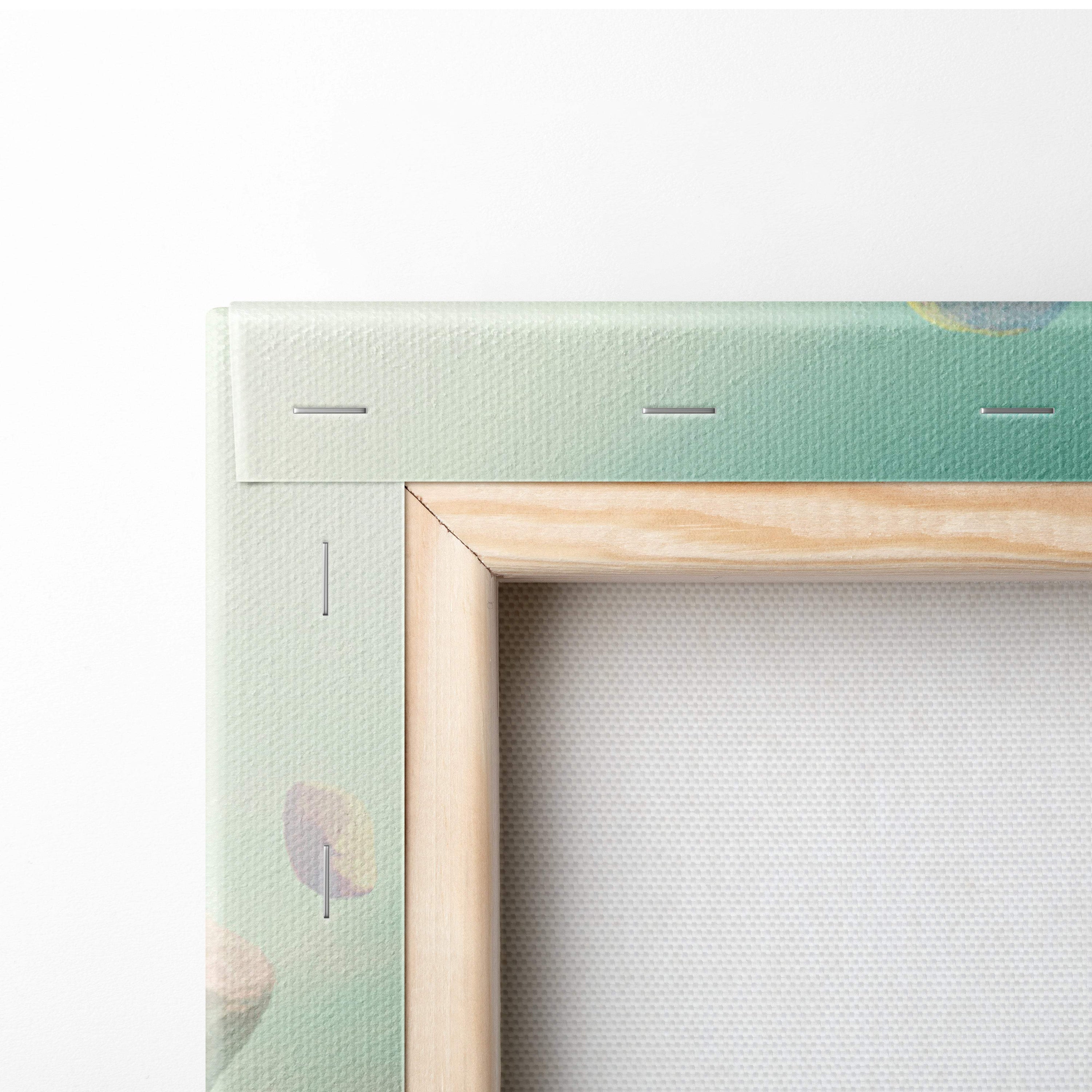 Light green canvas painting with natural wood frame featuring vibrant sky landscape and surreal asian mountain village