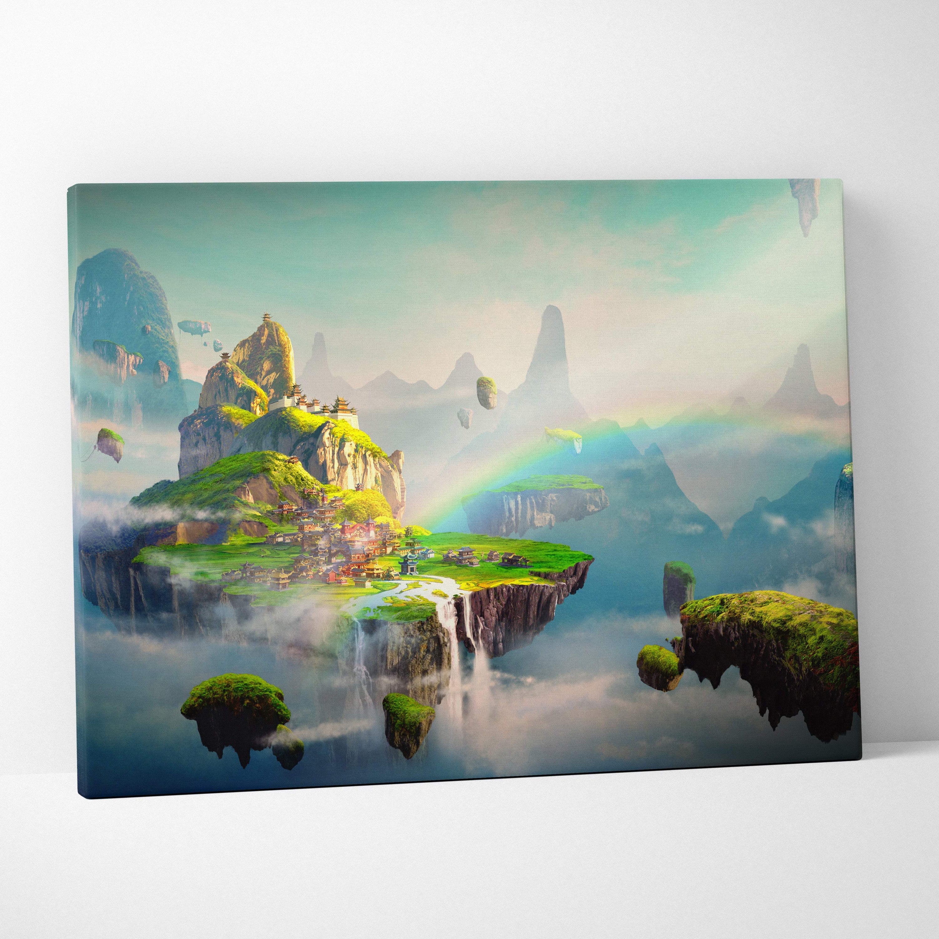 Floating island fantasy canvas wall art featuring vibrant sky landscape, waterfalls, rainbow, and dreamy asian mountain village