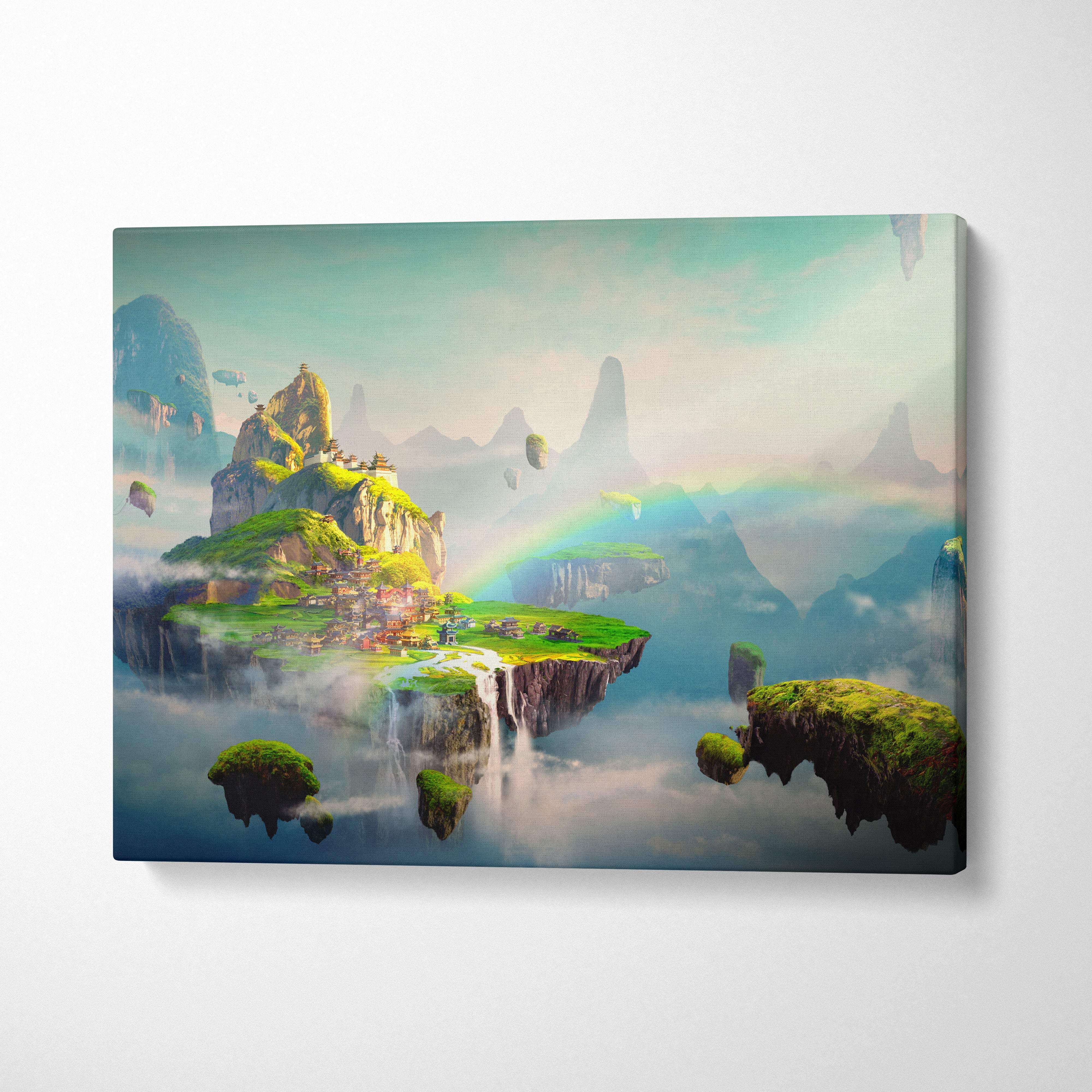 Floating island fantasy canvas wall art with lush green cliffs misty waterfalls and vibrant rainbow over surreal landscape