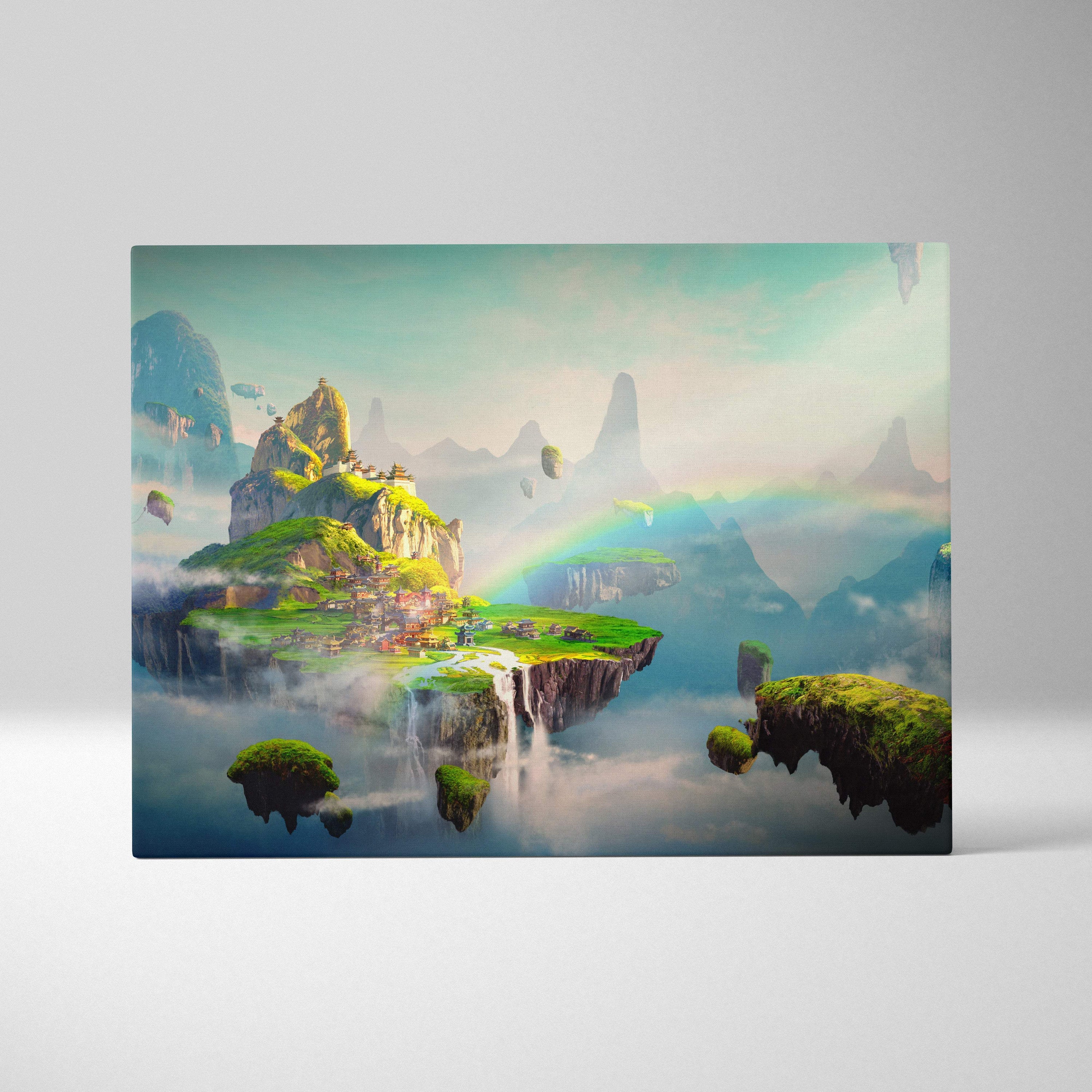 Floating island fantasy canvas wall art with misty peaks lush greenery waterfalls and a rainbow in vibrant sky colors