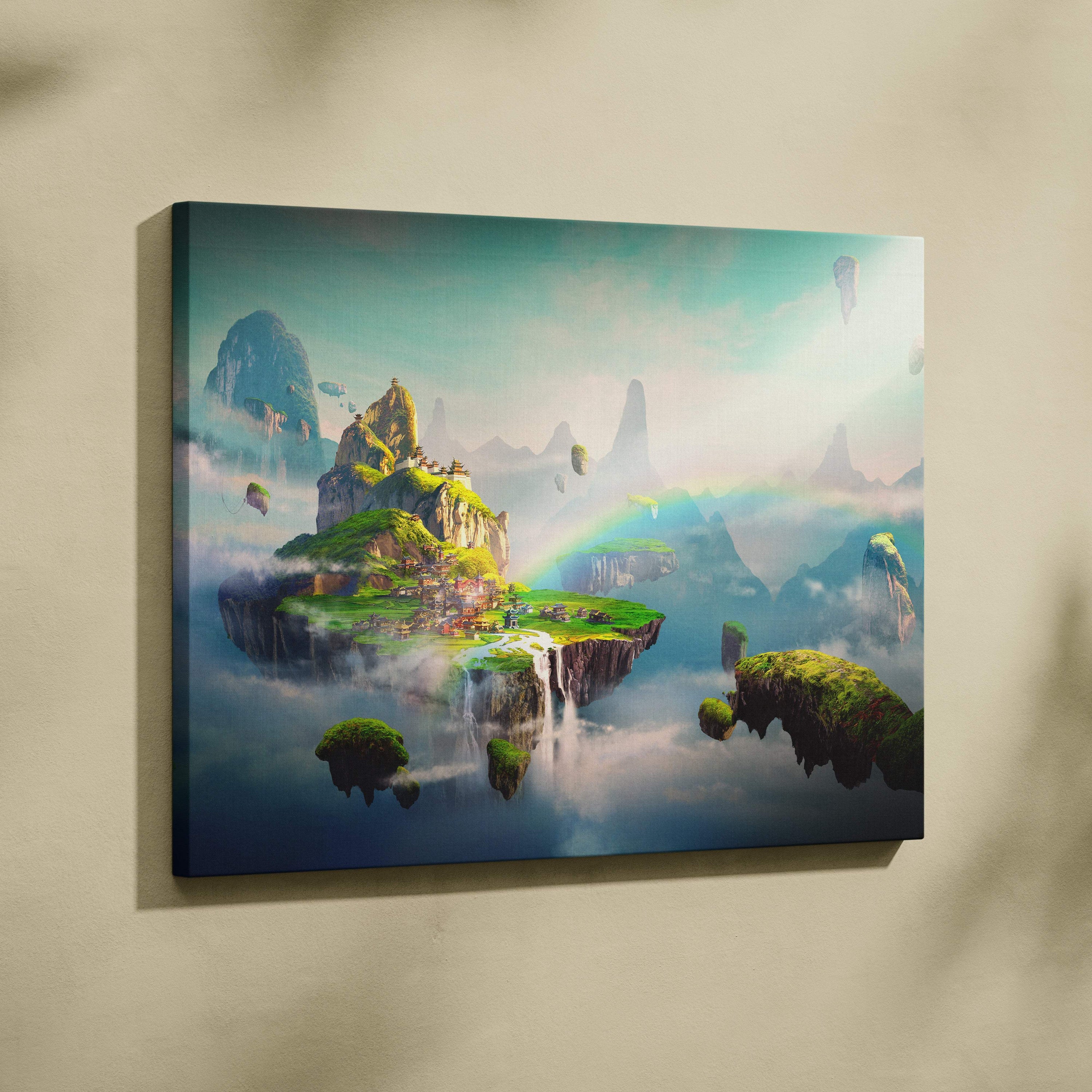 A rectangular canvas print of a fantasy landscape with floating islands lush greenery misty mountains and pastel skies