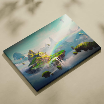 Vibrant floating island fantasy canvas wall art with lush green moss misty clouds and rainbow over dreamy asian village