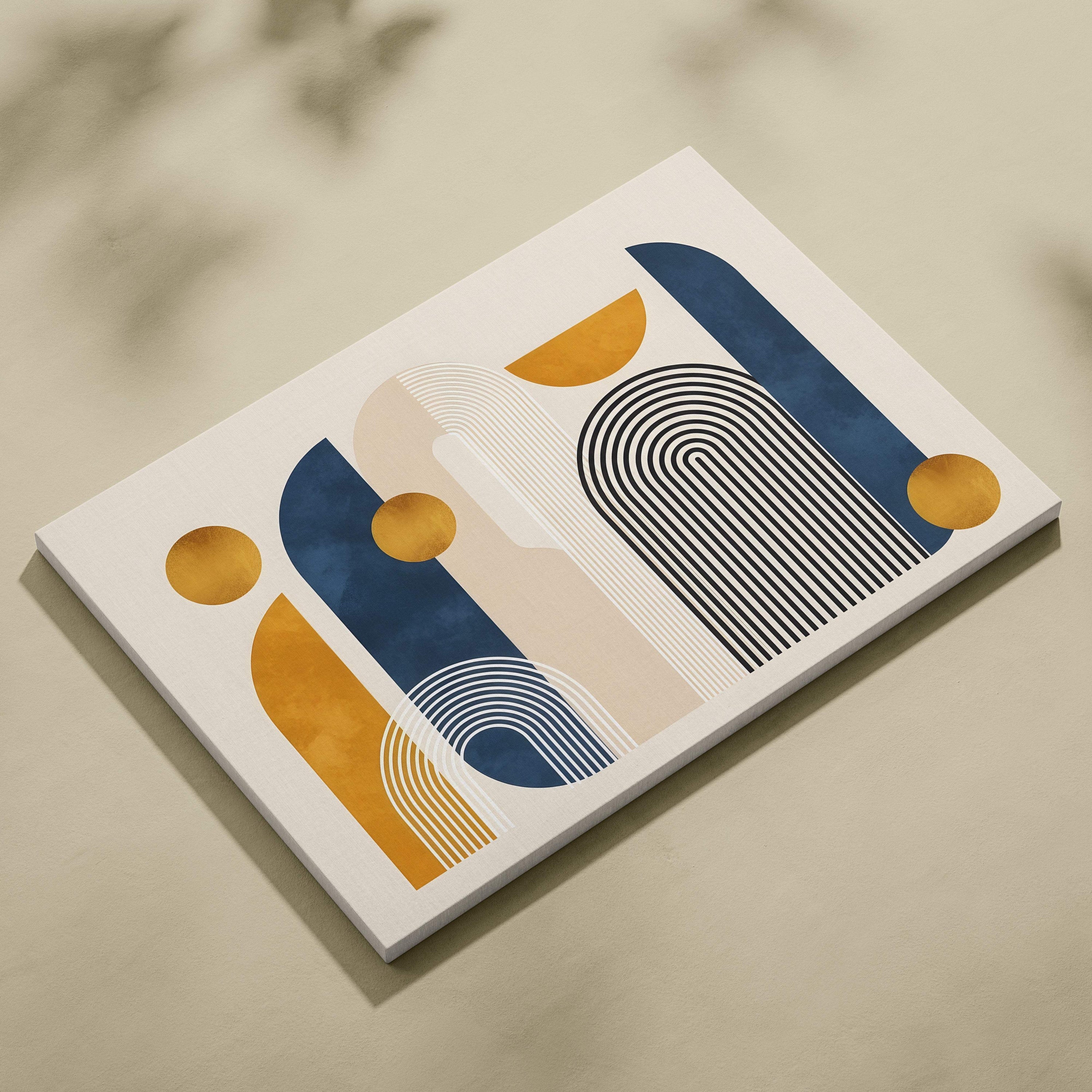 Modern abstract canvas print with navy blue mustard gold and beige geometric shapes on white background for wall decor
