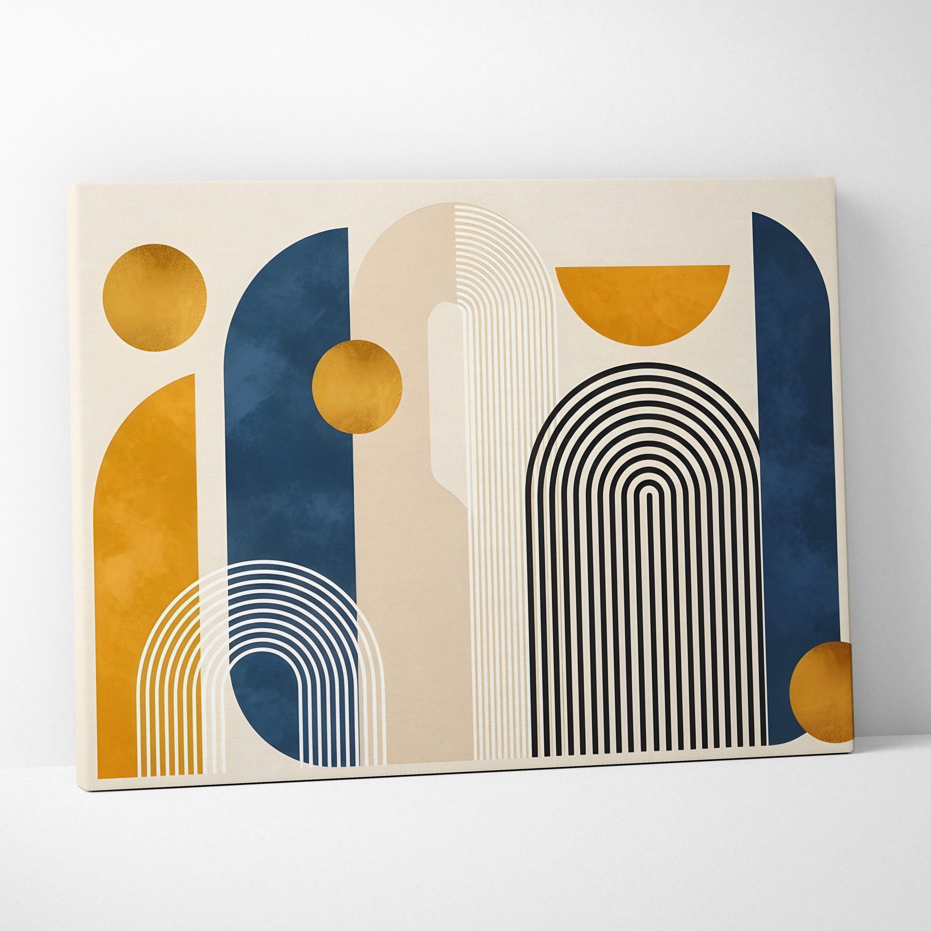 Boho geometric canvas wall art with navy blue shapes gold foil accents and cream background for modern living room decor
